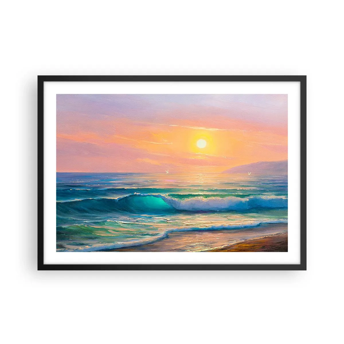 Affiche dans un cadre noir - Poster - Paysage marin avec coucher de soleil - 70x50cm - Le chant turquoise des vagues - Décoration murale moderne pour le salon et la chambre ARTTOR