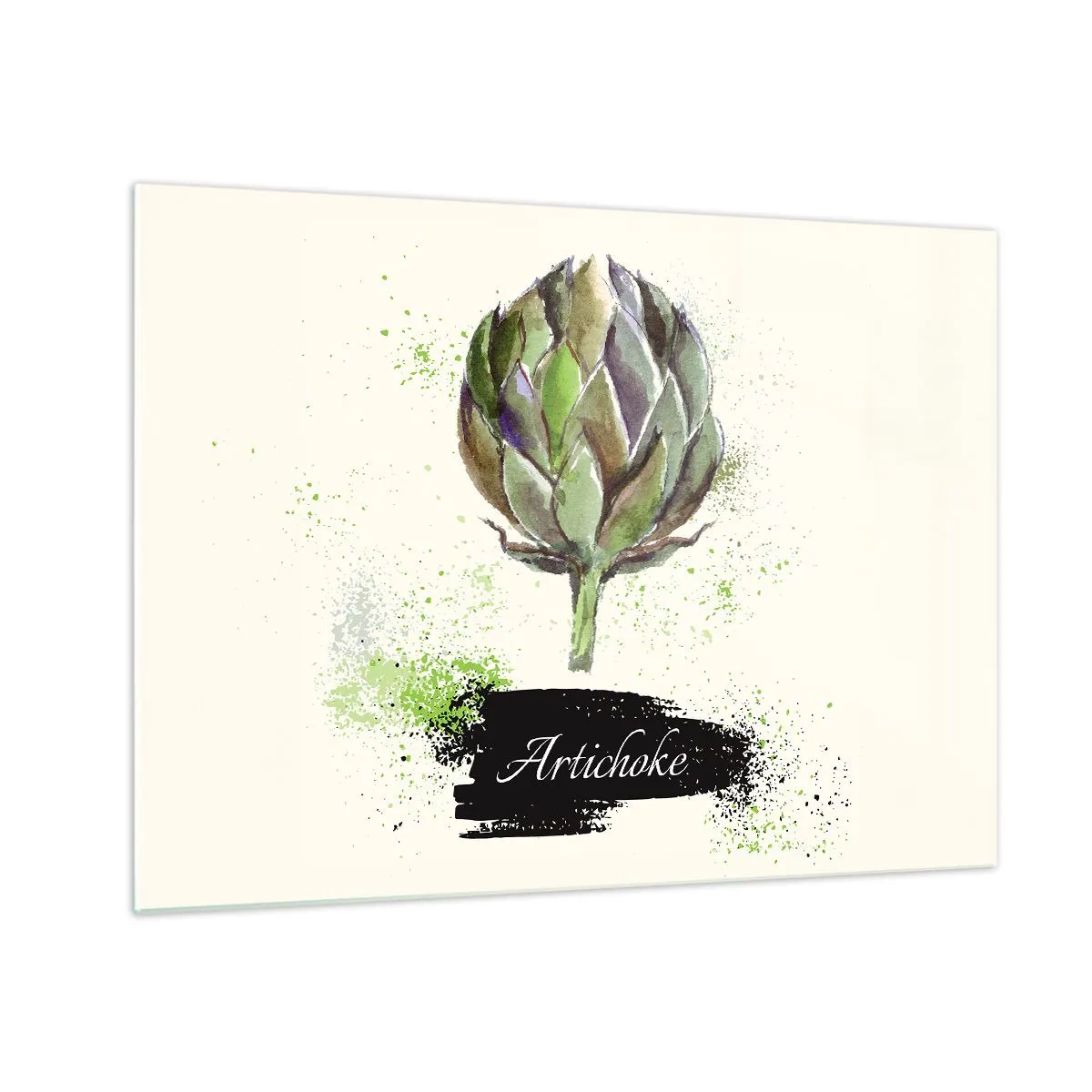 Impression sur verre - Image sur verre - Graphique d'artichaut à l'aquarelle avec le mot Artichaut écrit dessus - 70x50cm - Vive les légumes! - Décoration murale moderne pour le salon et la chambre ARTTOR