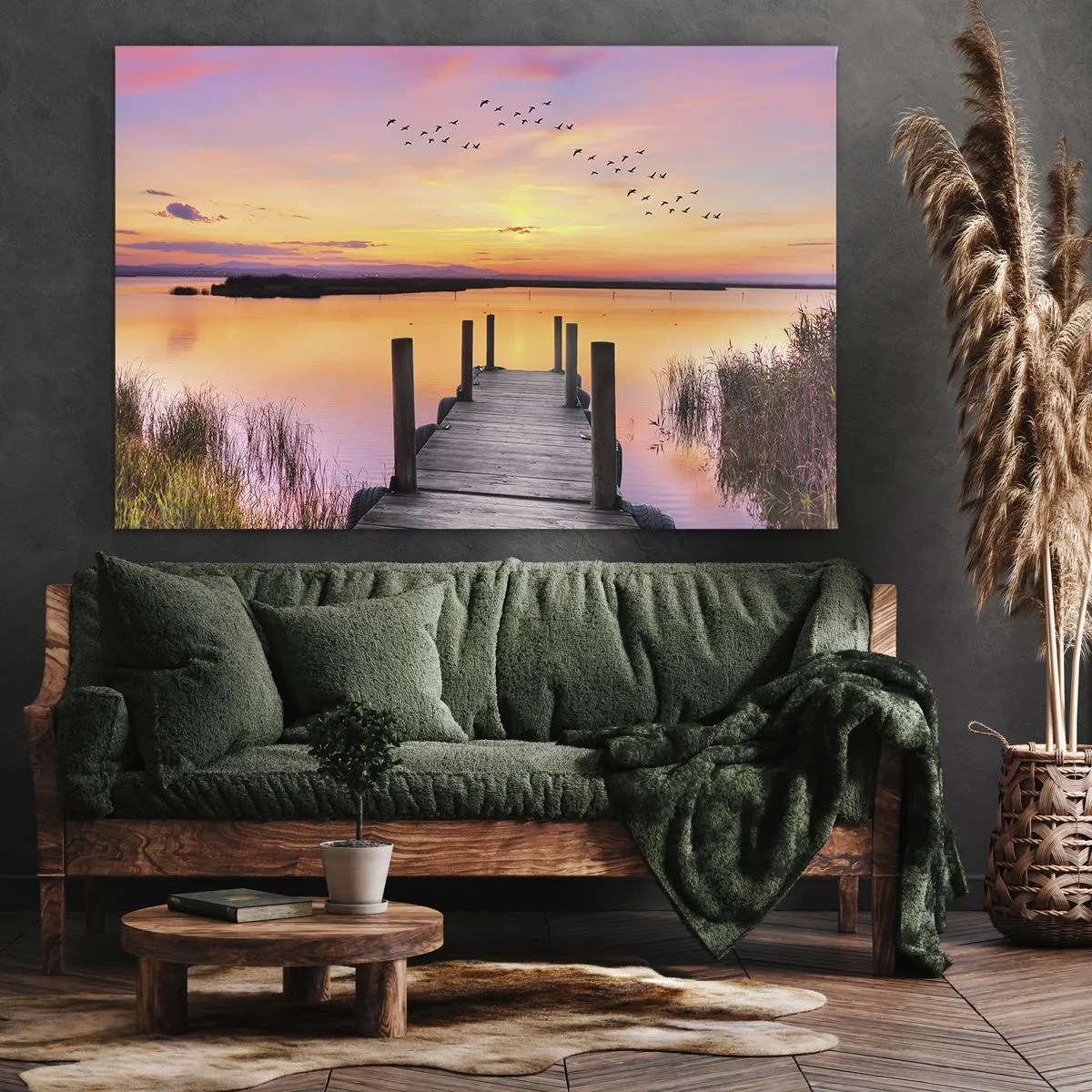 Impression sur toile - Image sur toile - Une jetée sur un lac au coucher du soleil avec des oiseaux dans le ciel - 70x50cm - Aube silencieuse violette - Décoration murale moderne pour le salon et la chambre ARTTOR
