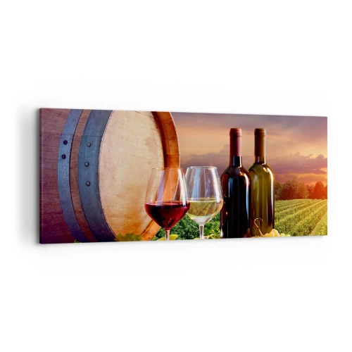 Impression sur toile - Image sur toile - Du vin, des verres et un tonneau dans un paysage pittoresque - 120x50cm - Ici la vie a du goût - Décoration murale moderne pour le salon et la chambre ARTTOR