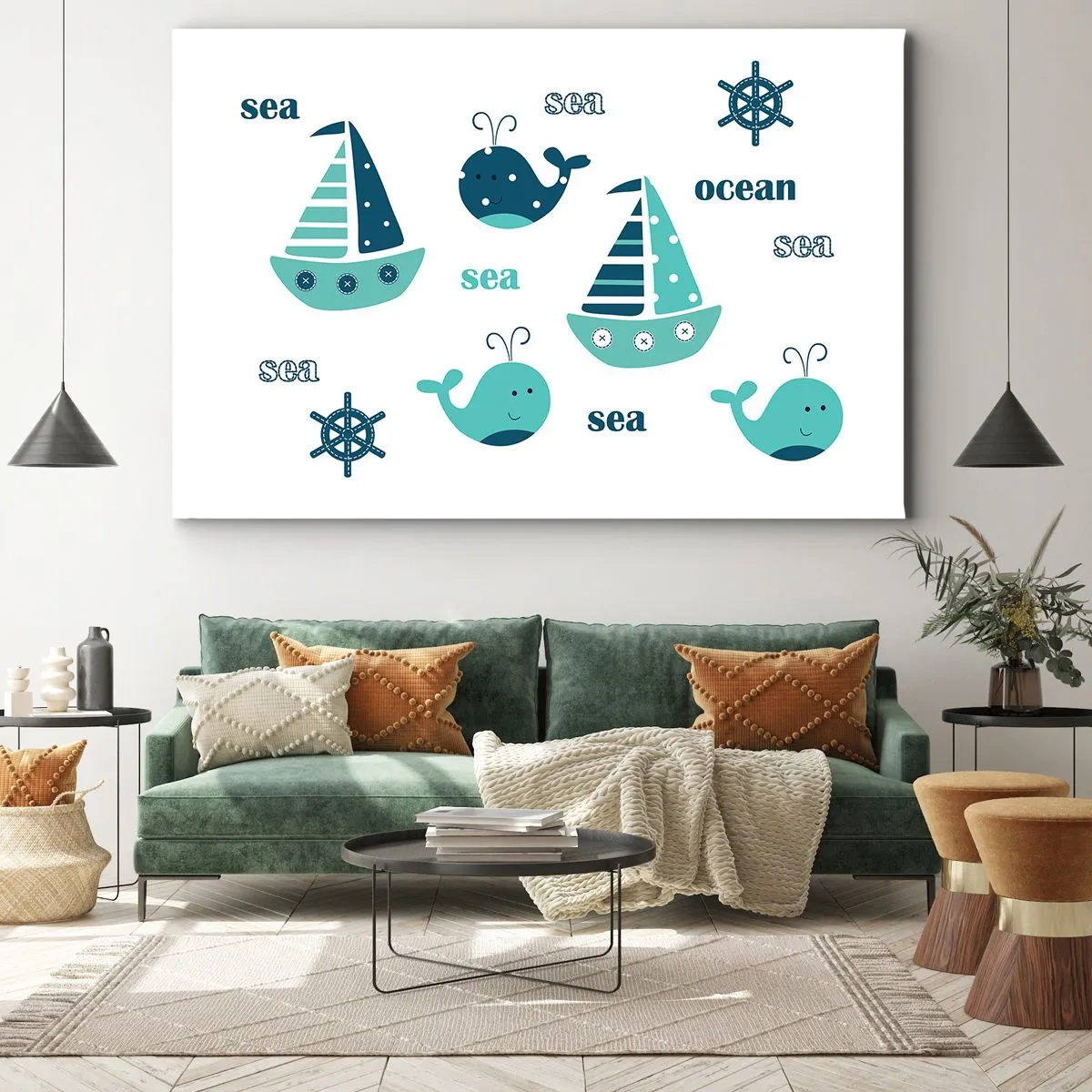 Impression sur toile - Image sur toile - Charmants motifs nautiques avec des baleines et des voiliers - 100x70cm - À travers les mers et les océans - Décoration murale moderne pour le salon et la chambre ARTTOR