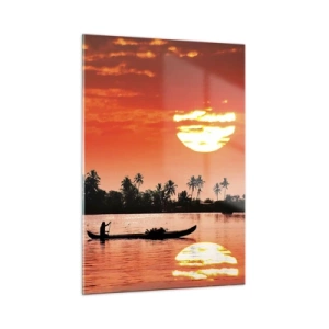 Impression sur verre - Image sur verre - Coucher de soleil sur la rivière avec des palmiers et un bateau - 50x70cm - La tranquillité des tropiques au coucher du soleil - Décoration murale moderne pour le salon et la chambre ARTTOR