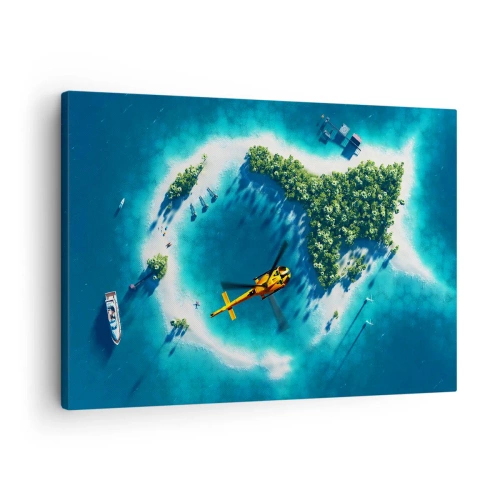 Impression sur toile - Image sur toile - Une île tropicale entourée d'eau turquoise avec un hélicoptère en vue - 70x50cm - Achetez-vous une île - Décoration murale moderne pour le salon et la chambre ARTTOR