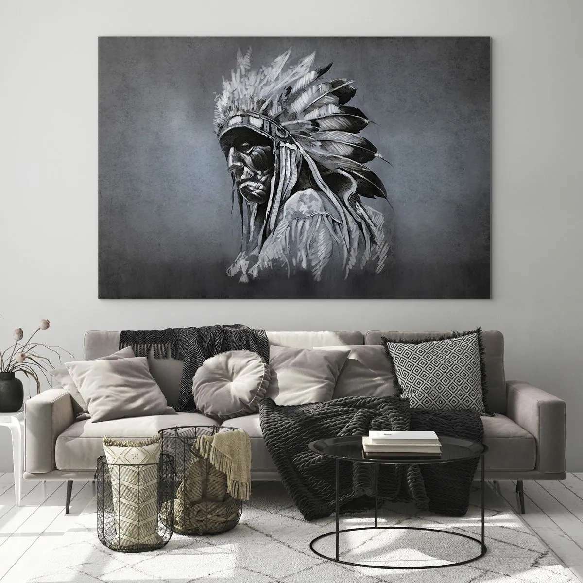 Impression sur verre - Image sur verre - Portrait d'un homme avec une coiffe de plumes sur un fond gris foncé - 120x80cm - Retour aux sources - Décoration murale moderne pour le salon et la chambre ARTTOR