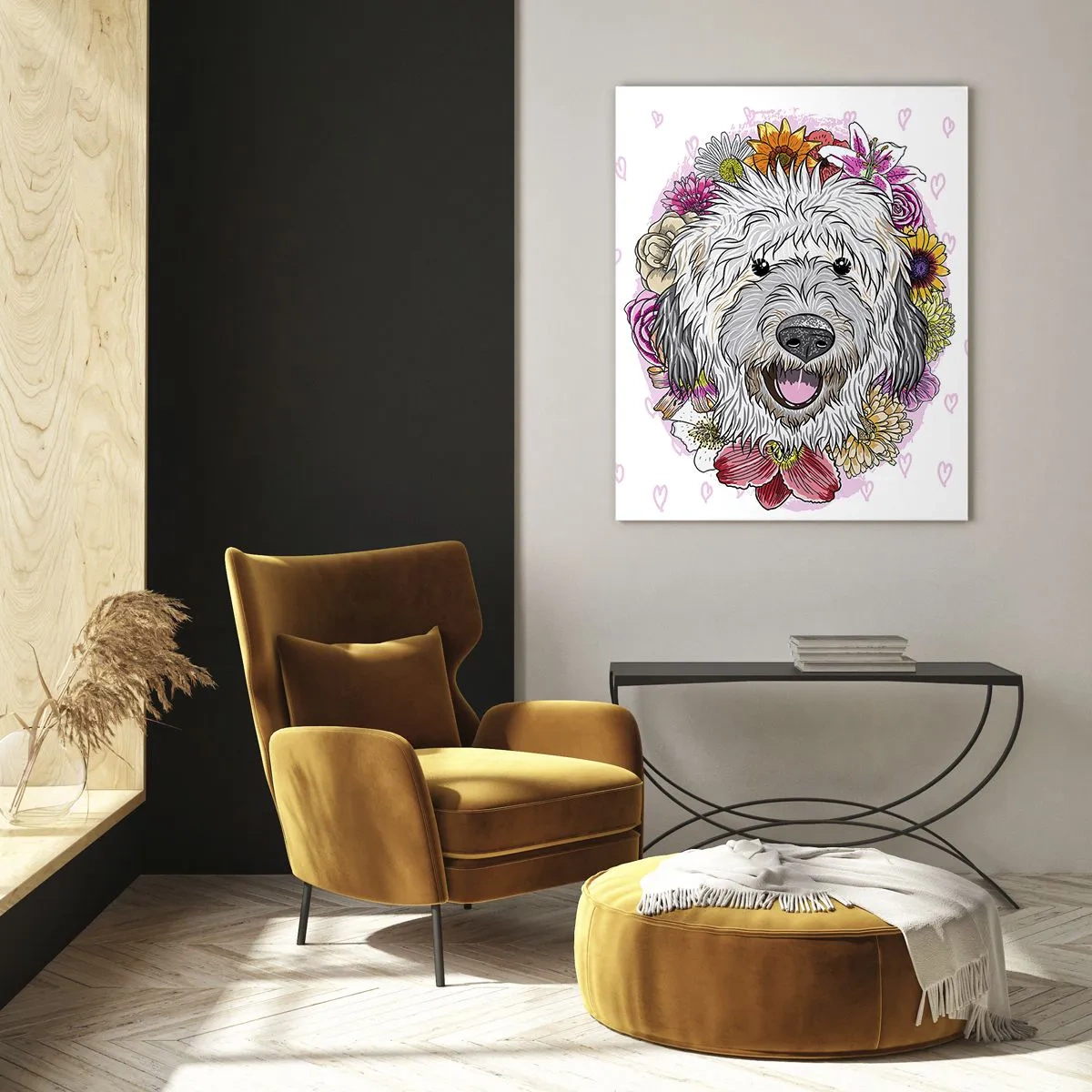 Impression sur verre - Image sur verre - Un chien entouré de fleurs colorées - 70x100cm - La joie du chiot - Décoration murale moderne pour le salon et la chambre ARTTOR