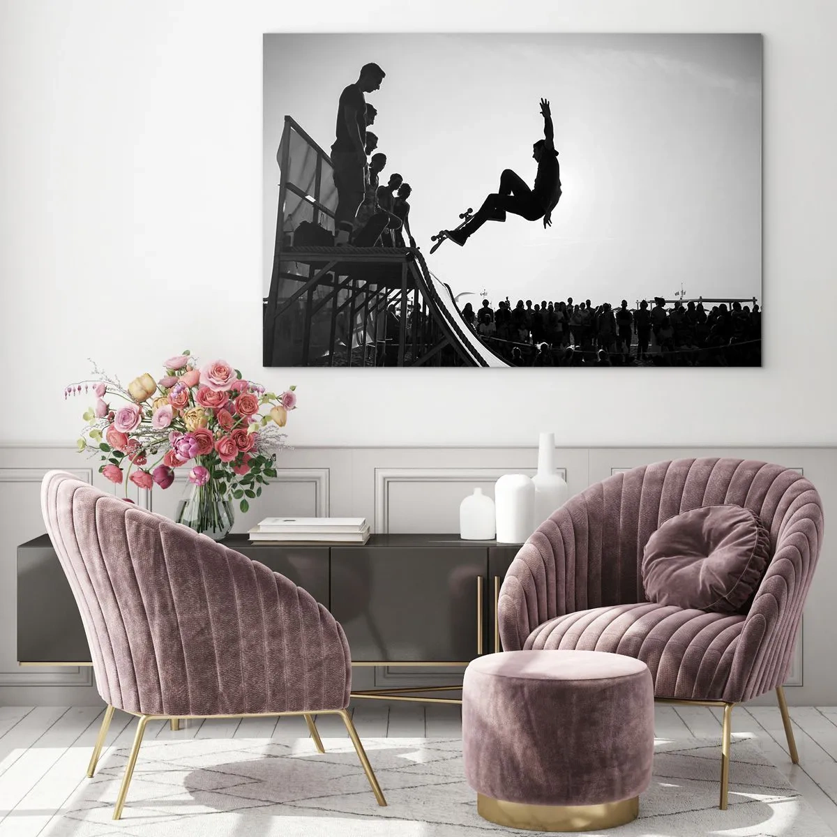 Impression sur verre - Image sur verre - Patineur noir et blanc dans les airs - 70x50cm - Héros et spectateurs - Décoration murale moderne pour le salon et la chambre ARTTOR
