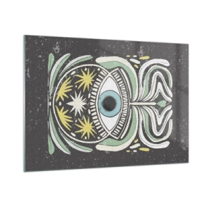 Impression sur verre - Image sur verre - Œil graphique avec ornementation tribale sur fond sombre - 100x70cm - Rituels tribaux - Décoration murale moderne pour le salon et la chambre ARTTOR
