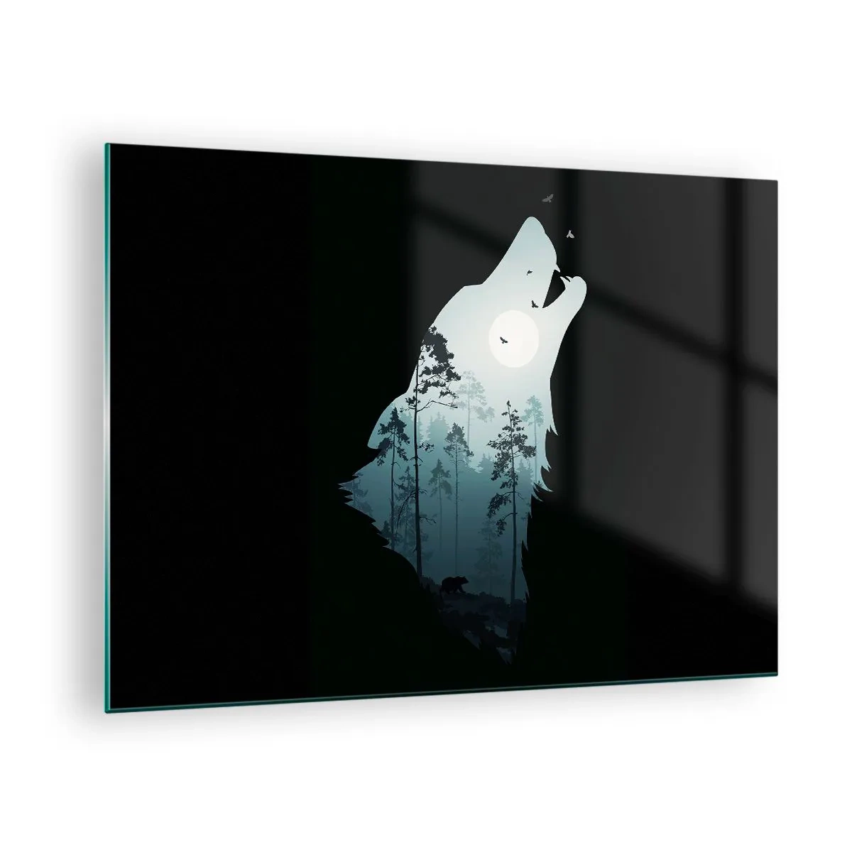 Impression sur verre - Image sur verre - Silhouette d'un loup avec une forêt et la lune en arrière-plan sur un fond noir - 70x50cm - La voix de nuit de la forêt - Décoration murale moderne pour le salon et la chambre ARTTOR