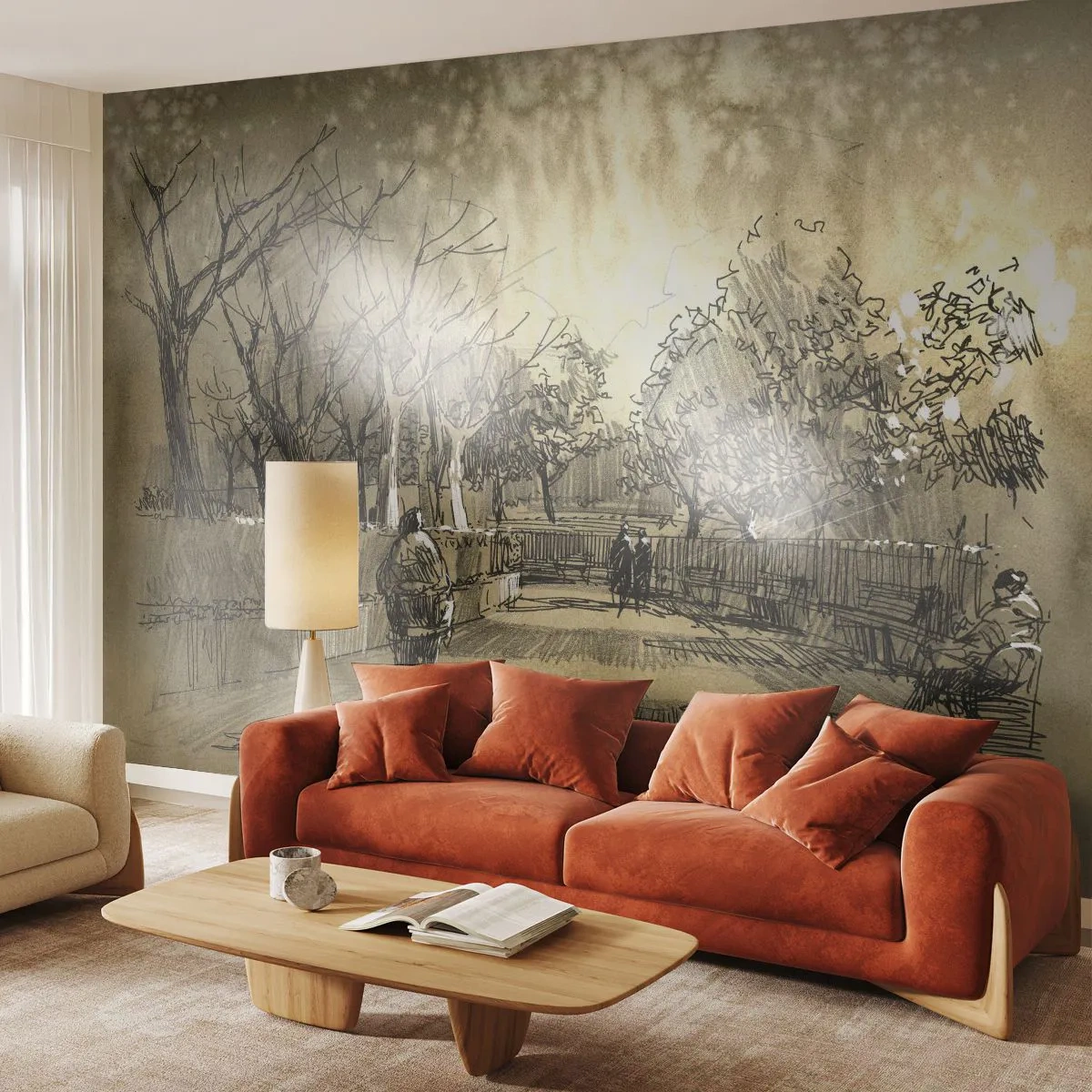 Papier Peint Photo Premium Canvas - Un moment arrêté avec une plume - Allée du parc, Parc, Sépia - 300x210 cm