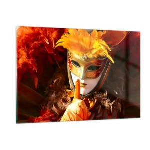 Impression sur verre - Image sur verre - Une figure portant un masque doré avec des plumes oranges - 120x80cm - Le secret est une partie du jeu - Décoration murale moderne pour le salon et la chambre ARTTOR
