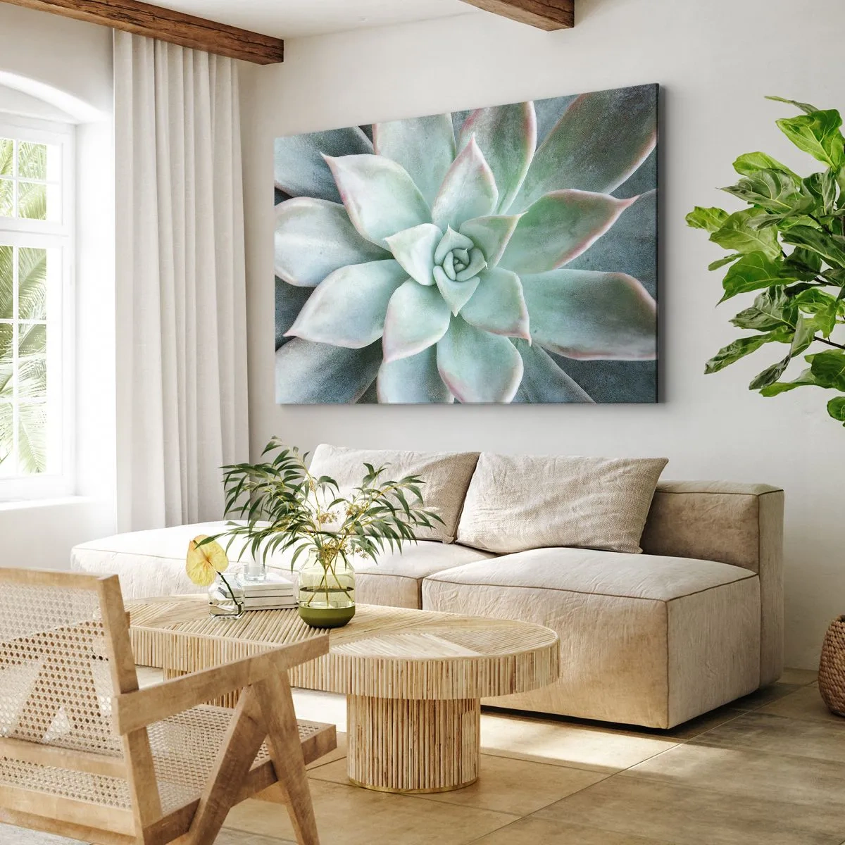 Impression sur toile - Image sur toile - Gros plan d'une succulente verte - 70x50cm - Le coeur du désert - Décoration murale moderne pour le salon et la chambre ARTTOR