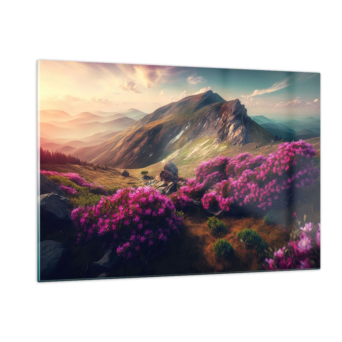 Impression sur verre - Image sur verre - Paysage de montagne d'été avec bruyère rose en fleurs - 120x80cm - L'été à la montagne - Décoration murale moderne pour le salon et la chambre ARTTOR