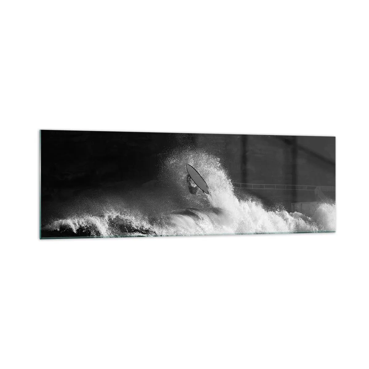 Impression sur verre - Image sur verre - Un surfeur sur une vague en monochrome - 160x50cm - Défi accepté! - Décoration murale moderne pour le salon et la chambre ARTTOR