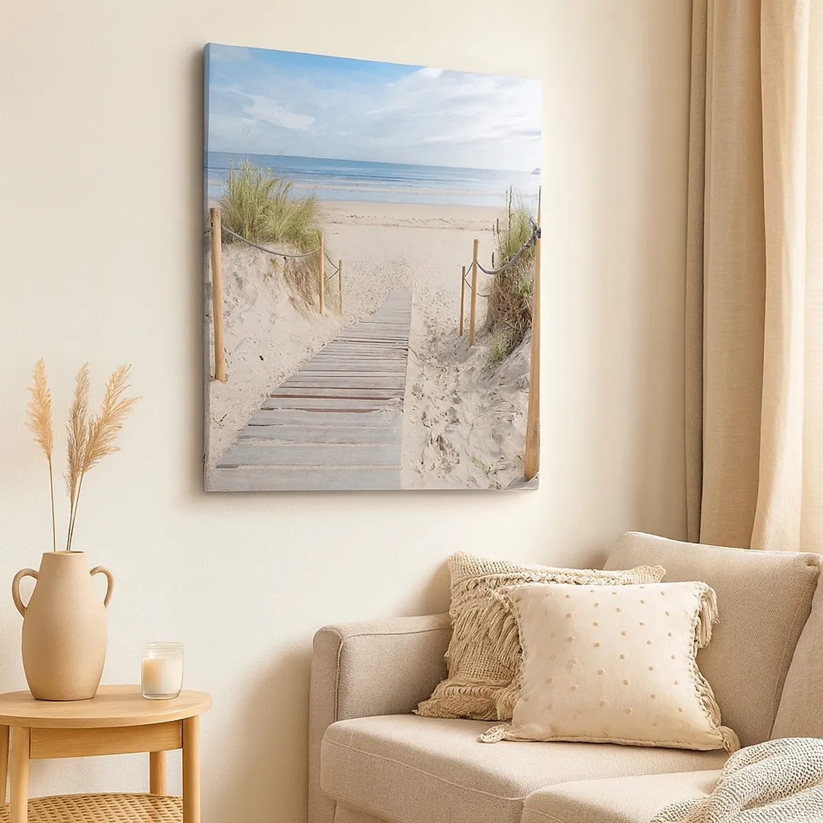 Impression sur toile - Image sur toile - Un chemin de planches menant à une plage de sable - 50x70cm - A l'horizon - Décoration murale moderne pour le salon et la chambre ARTTOR
