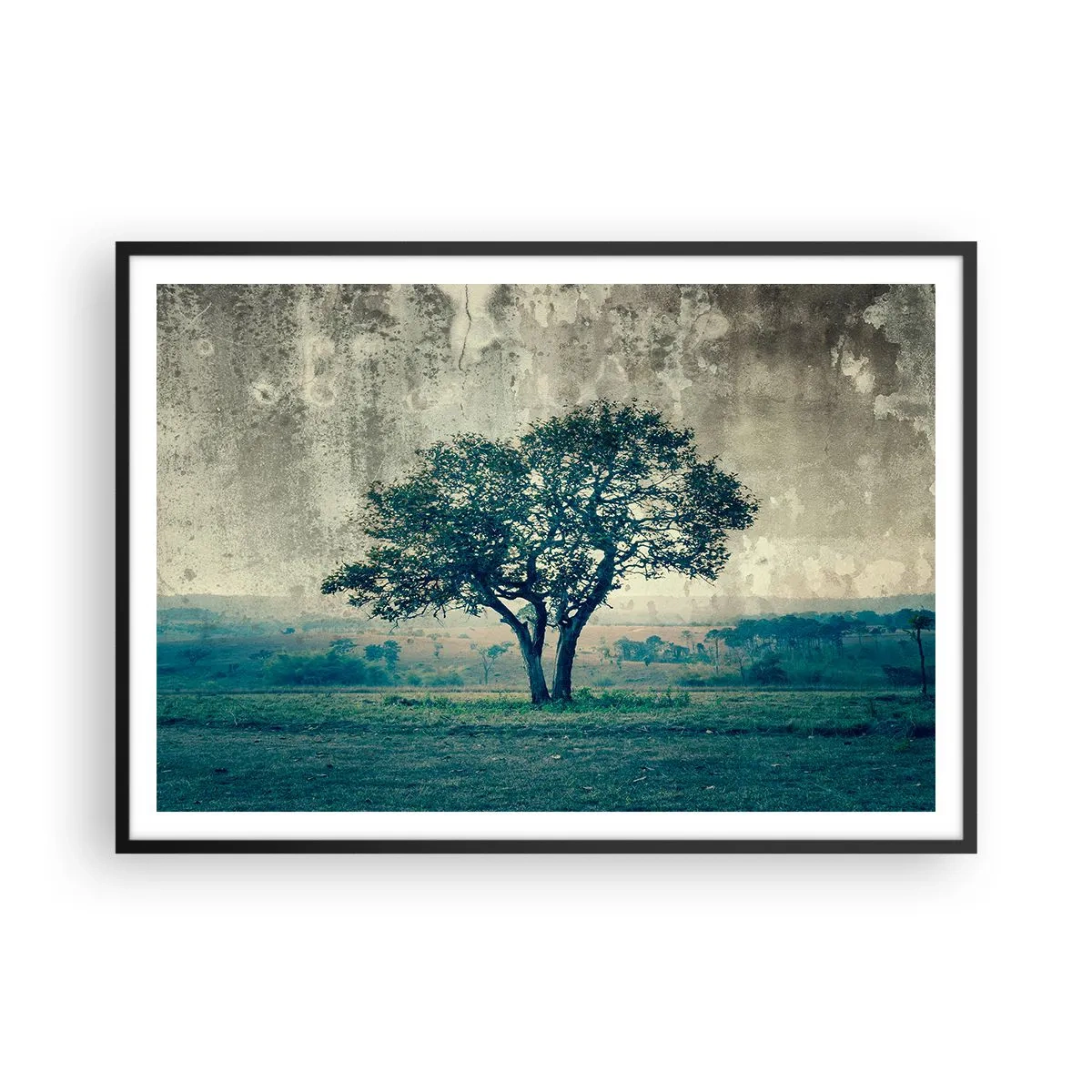 Affiche dans un cadre noir - Poster - Un arbre solitaire dans un paysage brumeux - 100x70cm - Un pommier sur un champ bleu ? - Décoration murale moderne pour le salon et la chambre ARTTOR