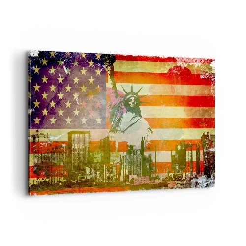Impression sur toile - Image sur toile - La Statue de la Liberté avec en toile de fond le drapeau américain et les toits de la ville - 100x70cm - Vive l'Amérique! - Décoration murale moderne pour le salon et la chambre ARTTOR