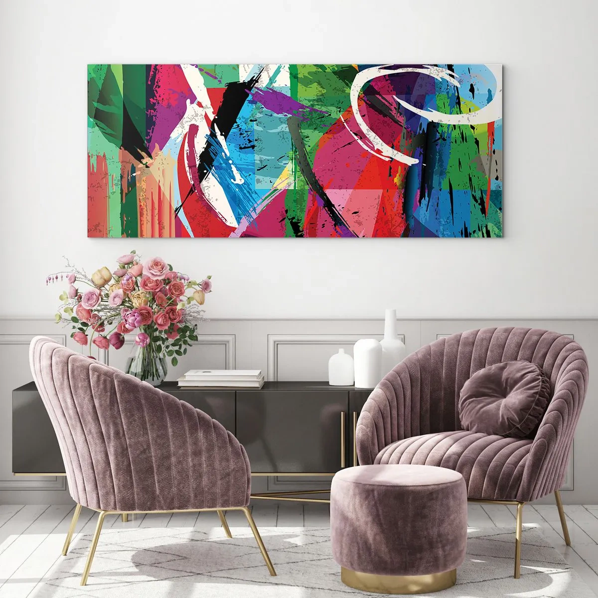 Impression sur verre - Image sur verre - Abstraction colorée avec des coups de pinceau dynamiques - 140x50cm - Rapide, vif et bondissant - Décoration murale moderne pour le salon et la chambre ARTTOR