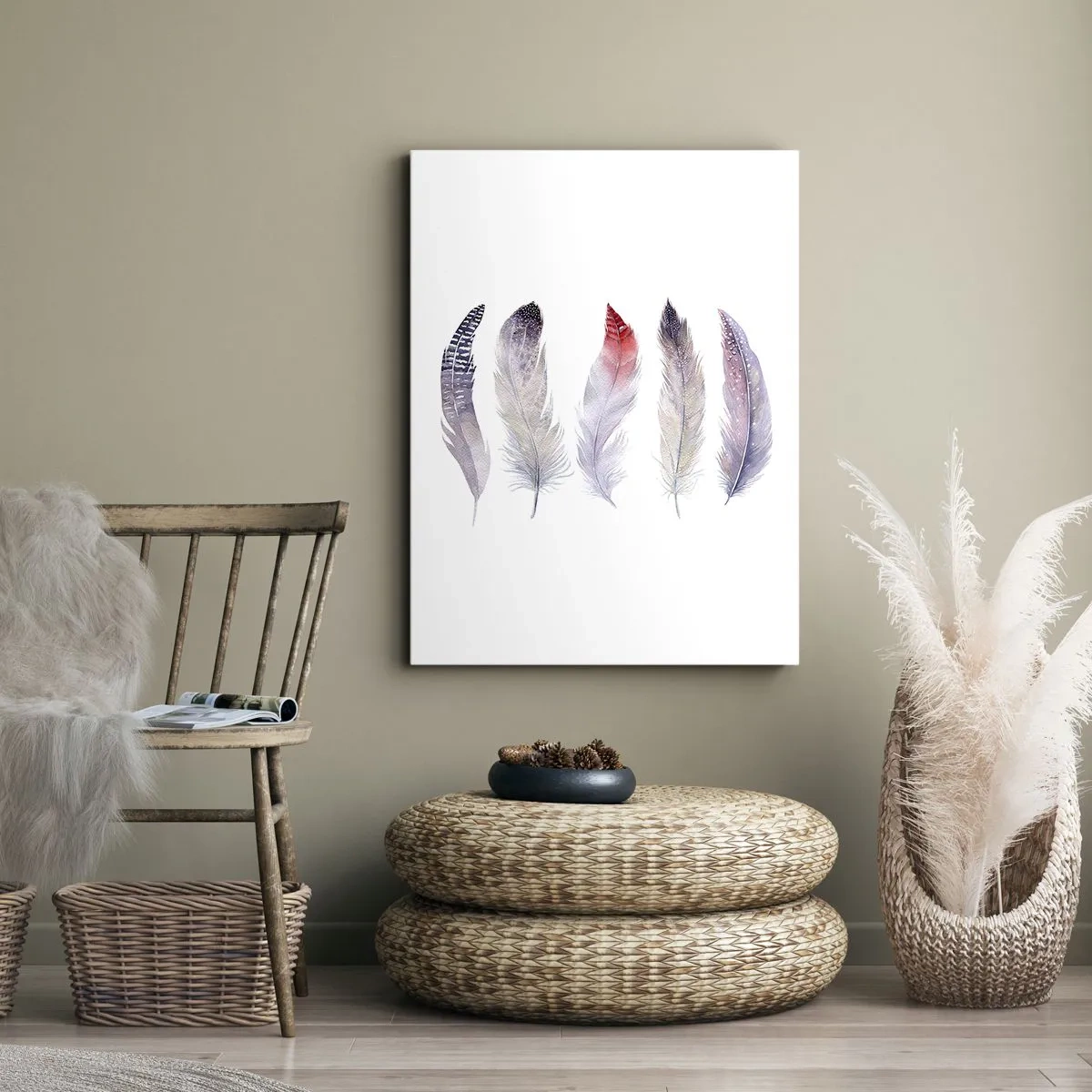 Impression sur toile - Image sur toile - Cinq plumes délicates aux tons pastel sur fond clair - 70x100cm - Délicat comme un brouillard multicolore - Décoration murale moderne pour le salon et la chambre ARTTOR