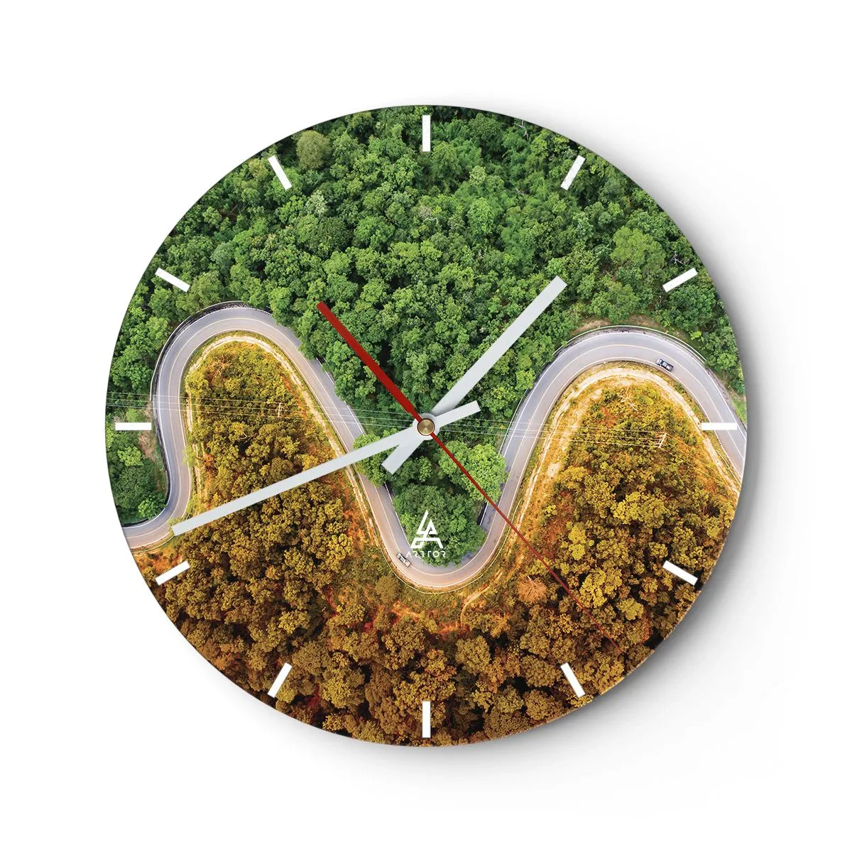 Horloge murale - Pendule murale - Une route asphaltée sinueuse traversant la forêt vue d'en haut - 30x30cm - Frontieres et differences - Décoration murale moderne pour le salon, la cuisine et la chambre ARTTOR