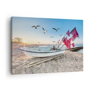 Impression sur toile - Image sur toile - Un bateau sur la plage à l'aube avec des mouettes et des drapeaux rouges - 70x50cm - Repos mérité - Décoration murale moderne pour le salon et la chambre ARTTOR