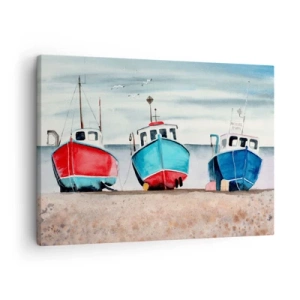Impression sur toile - Image sur toile - Bateaux de pêche colorés sur le rivage dans un paysage marin - 70x50cm - Prêt pour la pêche - Décoration murale moderne pour le salon et la chambre ARTTOR