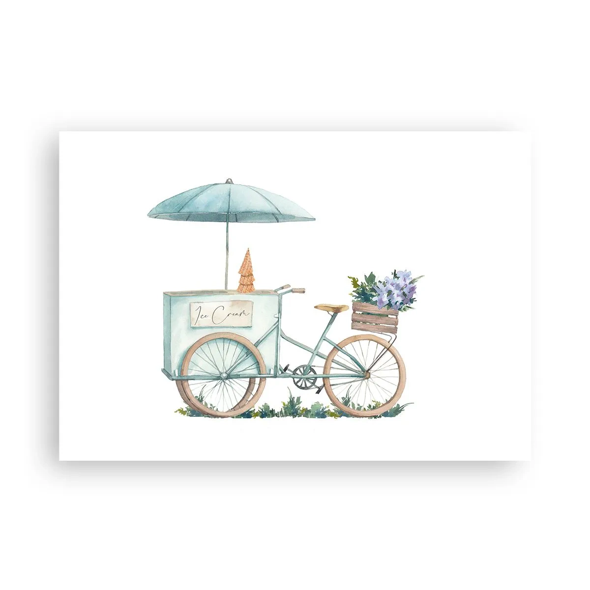Affiche - Poster - Un vélo avec de la glace et des fleurs sous un parapluie aux couleurs pastel délicates - 100x70cm - Doux souvenir d'été - Décoration murale moderne pour le salon et la chambre ARTTOR