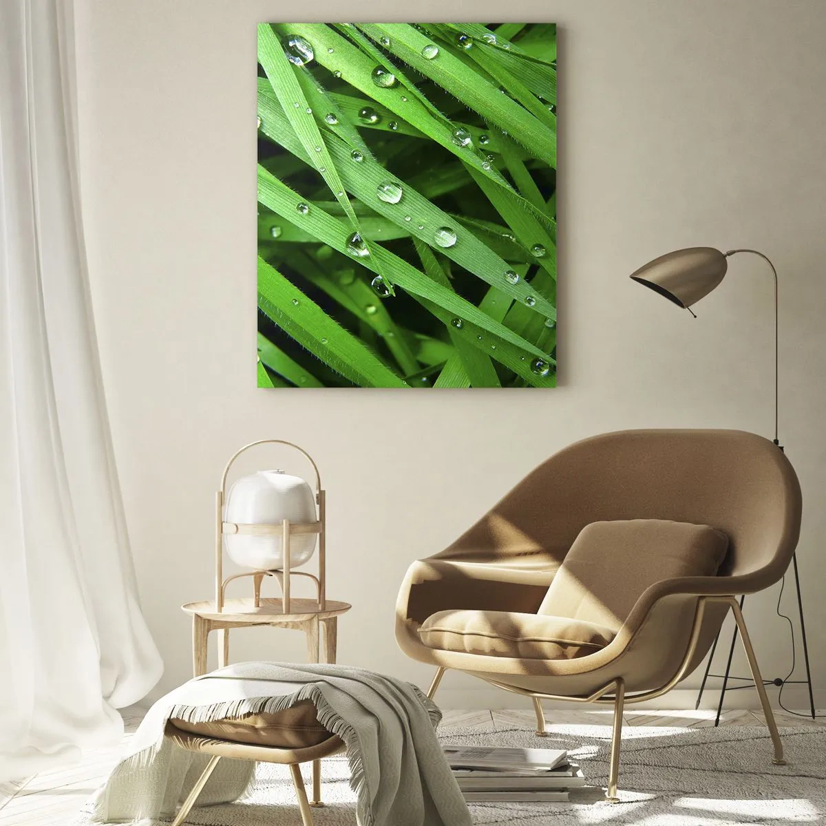 Impression sur verre - Image sur verre - Gros plan de brins d'herbe verte avec des gouttes de rosée - 70x100cm - Jouez dans le vert - Décoration murale moderne pour le salon et la chambre ARTTOR
