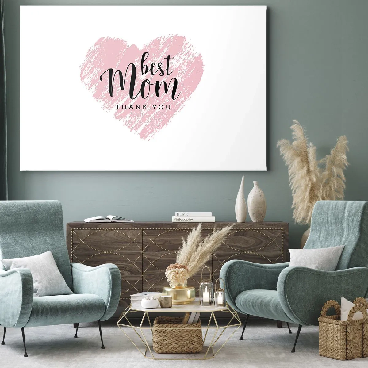 Impression sur toile - Image sur toile - Cœur rose avec les mots « Meilleure maman, merci » sur fond blanc - 100x70cm - Toujours au bon moment - Décoration murale moderne pour le salon et la chambre ARTTOR