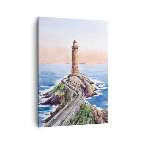 Impression sur toile - Image sur toile - Un phare sur un rivage rocheux - 50x70cm - Face à la mer - Décoration murale moderne pour le salon et la chambre ARTTOR