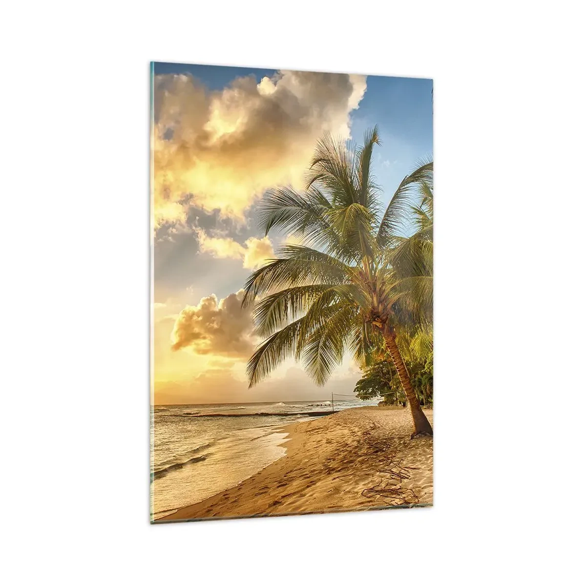 Impression sur verre - Image sur verre - Plage avec palmiers et coucher de soleil sur l'océan - 80x120cm - Été éternel, toujours des vacances - Décoration murale moderne pour le salon et la chambre ARTTOR