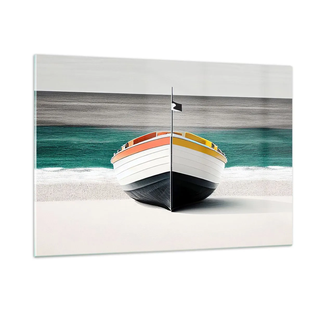 Impression sur verre - Image sur verre - Un bateau coloré sur la plage avec une mer turquoise en arrière-plan - 120x80cm - A sa place - Décoration murale moderne pour le salon et la chambre ARTTOR