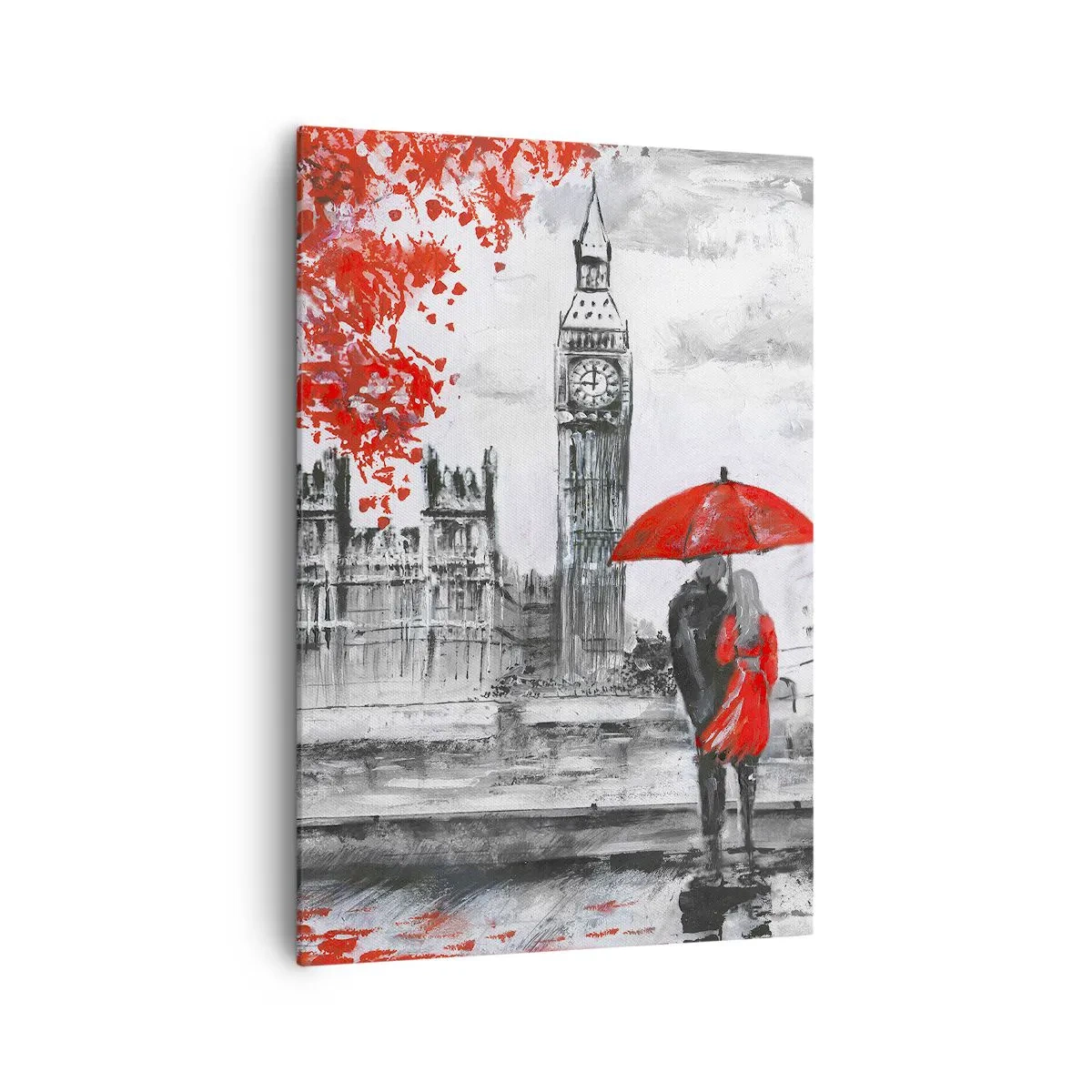 Impression sur toile - Image sur toile - Scène romantique avec Big Ben et un parapluie rouge - 70x100cm - Amoureux de Londres - Décoration murale moderne pour le salon et la chambre ARTTOR