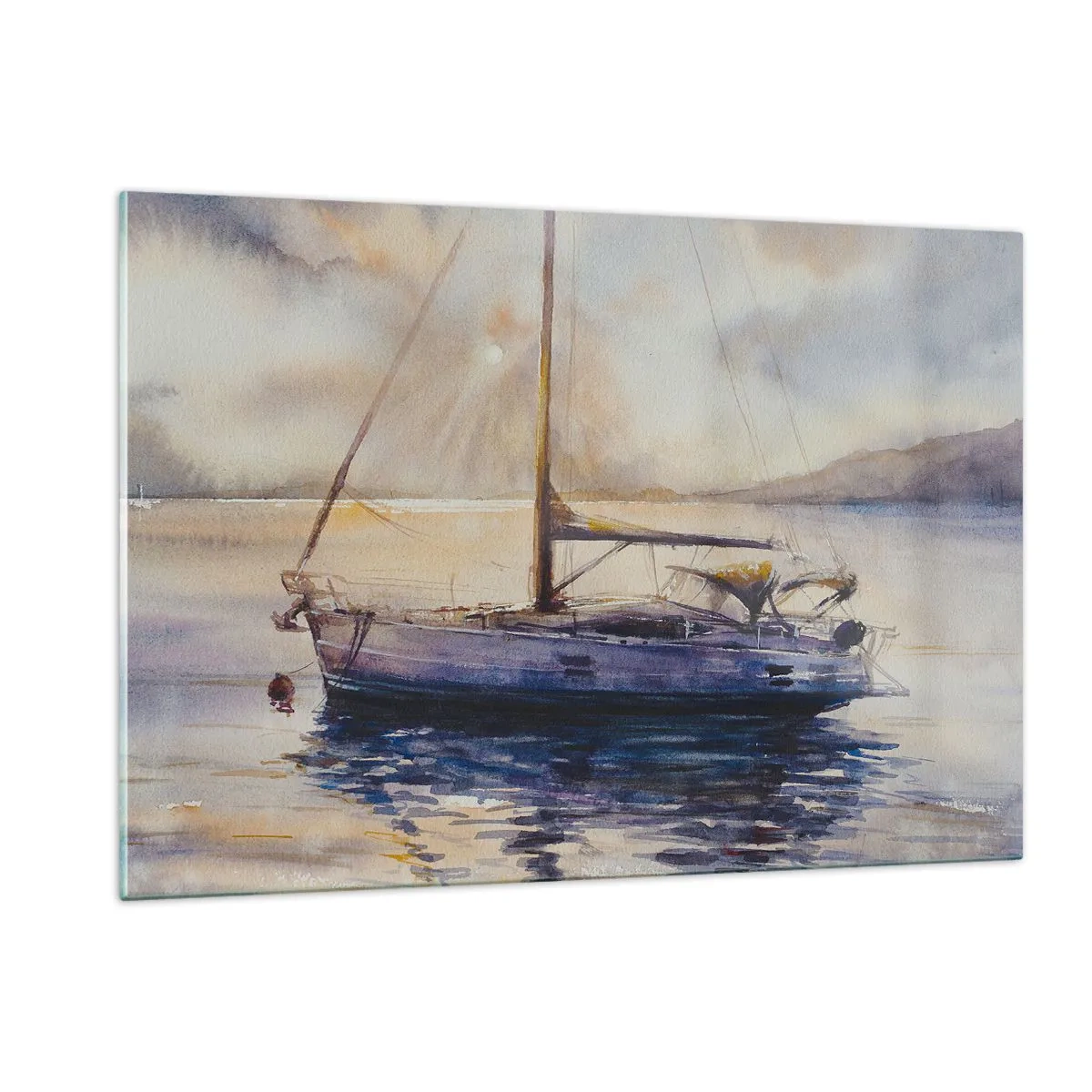 Impression sur verre - Image sur verre - Un yacht amarré dans une baie tranquille au crépuscule - 120x80cm - Soirée sur la baie - Décoration murale moderne pour le salon et la chambre ARTTOR