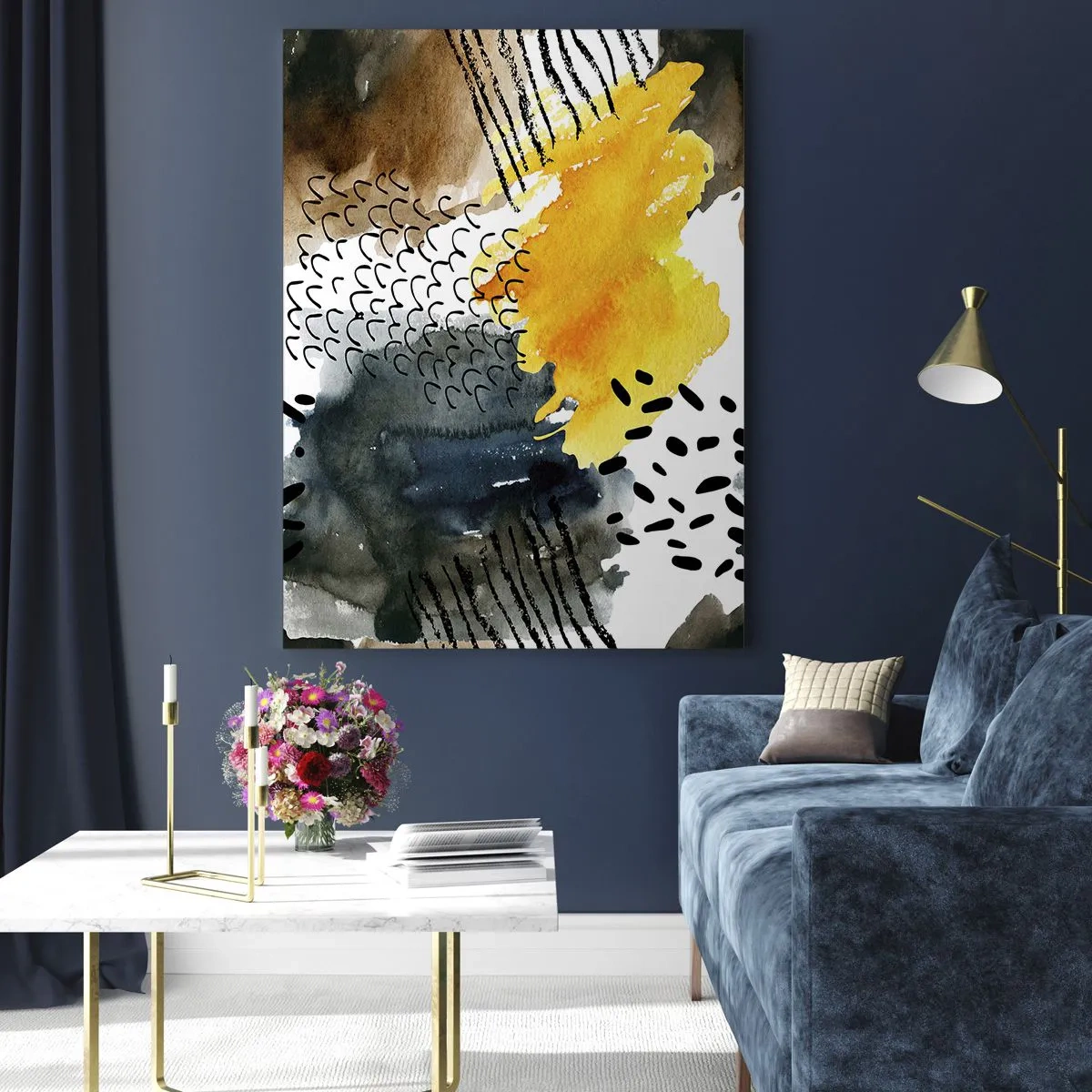 Impression sur verre - Image sur verre - Une composition abstraite avec des taches et des lignes aux couleurs terreuses. - 50x70cm - Rencontre des éléments - Décoration murale moderne pour le salon et la chambre ARTTOR