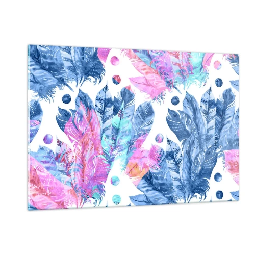 Impression sur verre - Image sur verre - Plumes colorées dans des tons de rose et de bleu sur fond blanc - 120x80cm - Plumes en rose et bleu - Décoration murale moderne pour le salon et la chambre ARTTOR