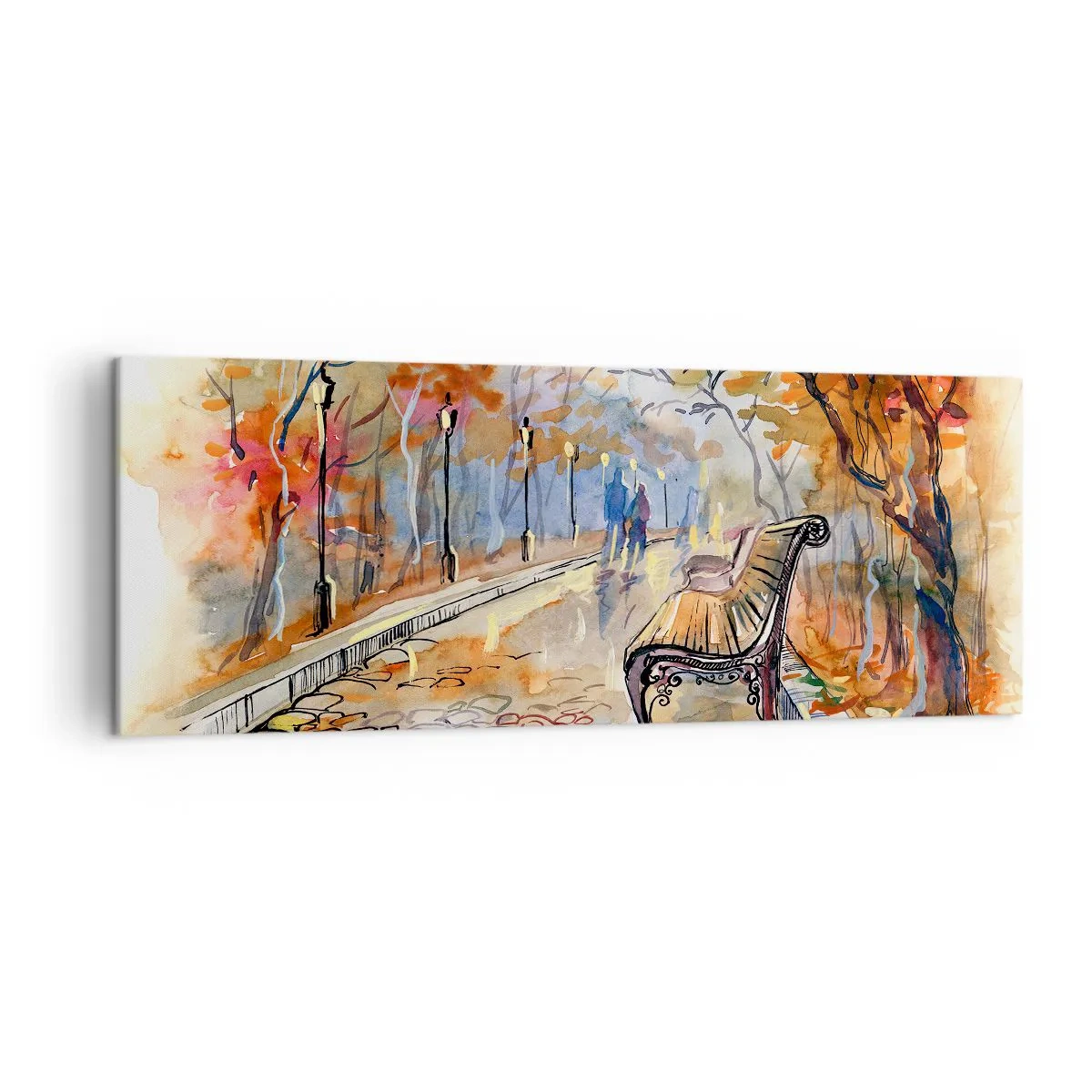 Impression sur toile - Image sur toile - Un parc d'automne avec un banc à l'aquarelle - 140x50cm - Errer ensemble à l'automne - Décoration murale moderne pour le salon et la chambre ARTTOR