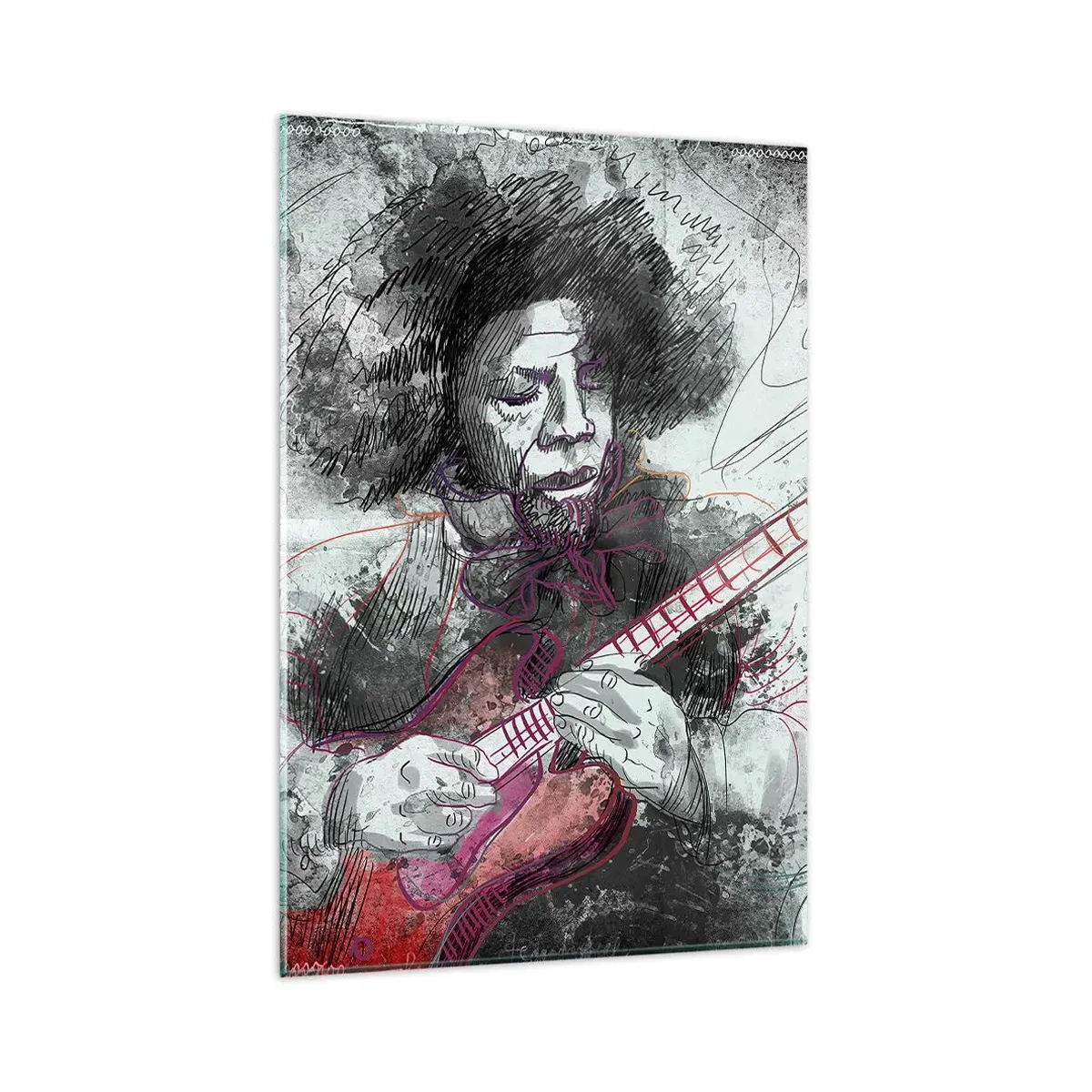 Impression sur verre - Image sur verre - Portrait artistique d'un guitariste en technique d'esquisse - 80x120cm - Sur les vagues de la musique - Décoration murale moderne pour le salon et la chambre ARTTOR