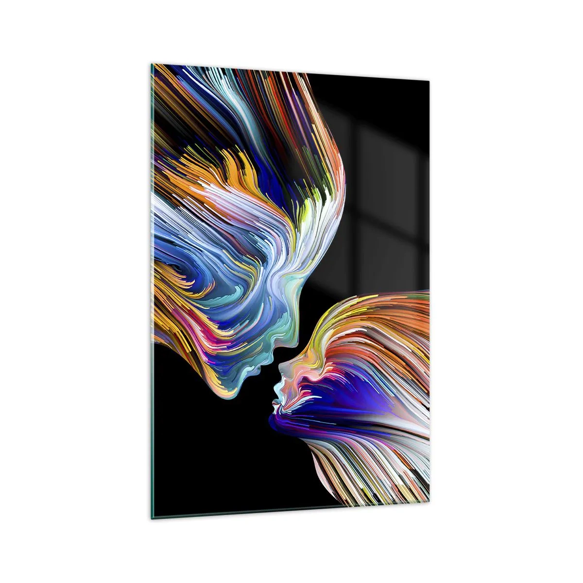Impression sur verre - Image sur verre - Silhouettes colorées de visages dans des flux dynamiques sur fond noir - 70x100cm - Une fusion d'énergie et de lumière - Décoration murale moderne pour le salon et la chambre ARTTOR
