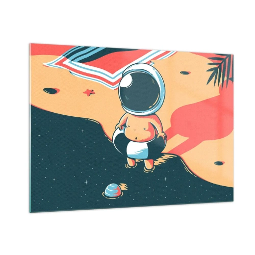 Impression sur verre - Image sur verre - Figure d'astronaute sur une plage avec un paysage cosmique - 100x70cm - Suivant une autre perspective - Décoration murale moderne pour le salon et la chambre ARTTOR