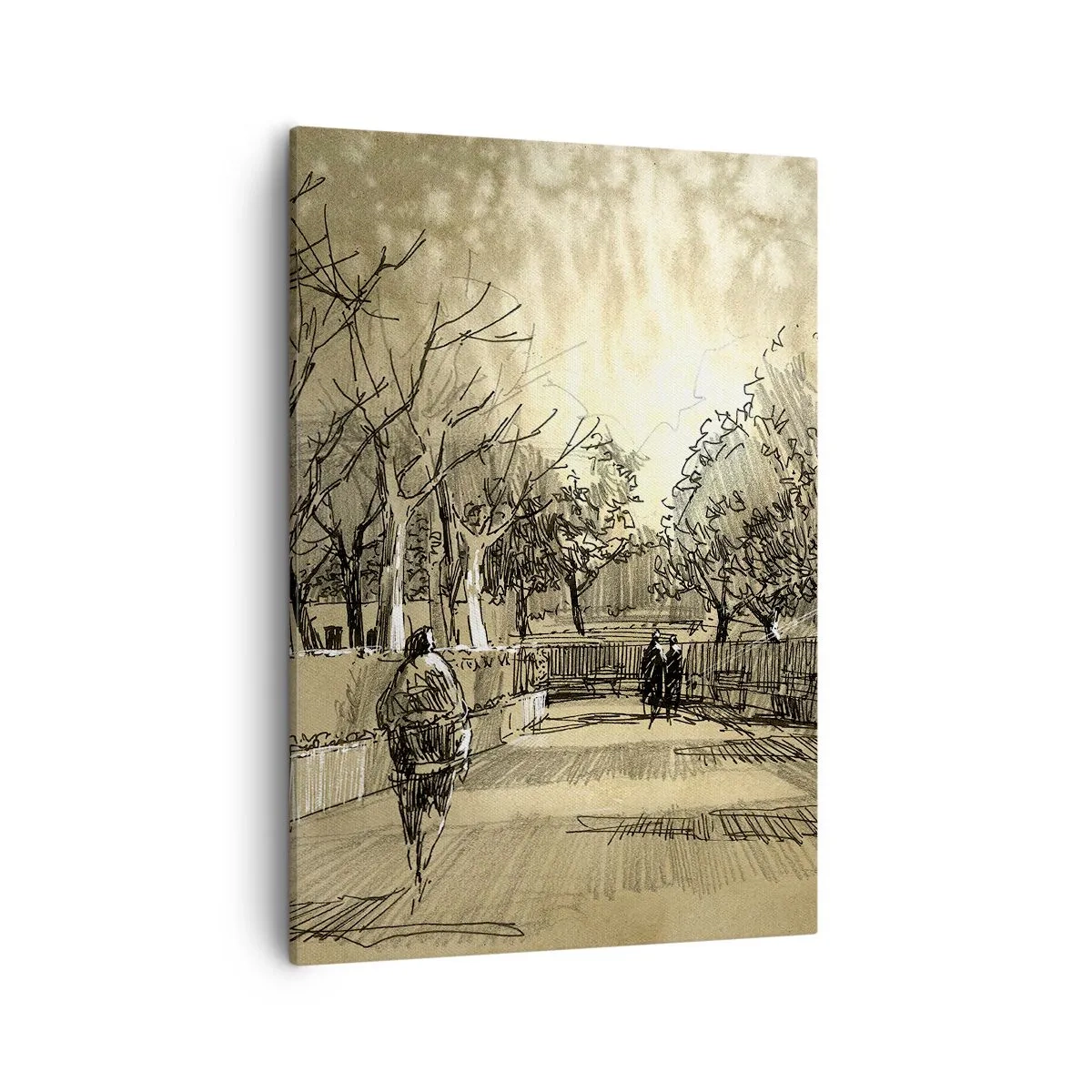 Impression sur toile - Image sur toile - Une scène de dessin animé d'un parc avec des gens marchant dans des tons chauds. - 50x70cm - Un moment arrêté avec une plume - Décoration murale moderne pour le salon et la chambre ARTTOR