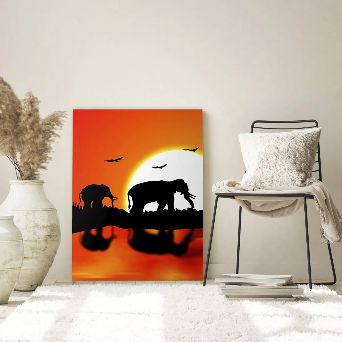 Impression sur verre - Image sur verre - Silhouettes d'éléphants au coucher du soleil sur l'eau avec reflet - 80x120cm - Et le soir pour un petit verre - Décoration murale moderne pour le salon et la chambre ARTTOR