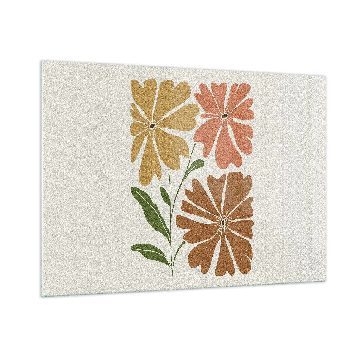 Impression sur verre - Image sur verre - Trois fleurs stylisées aux couleurs chaudes sur fond clair - 100x70cm - Nature et géométrie - Décoration murale moderne pour le salon et la chambre ARTTOR