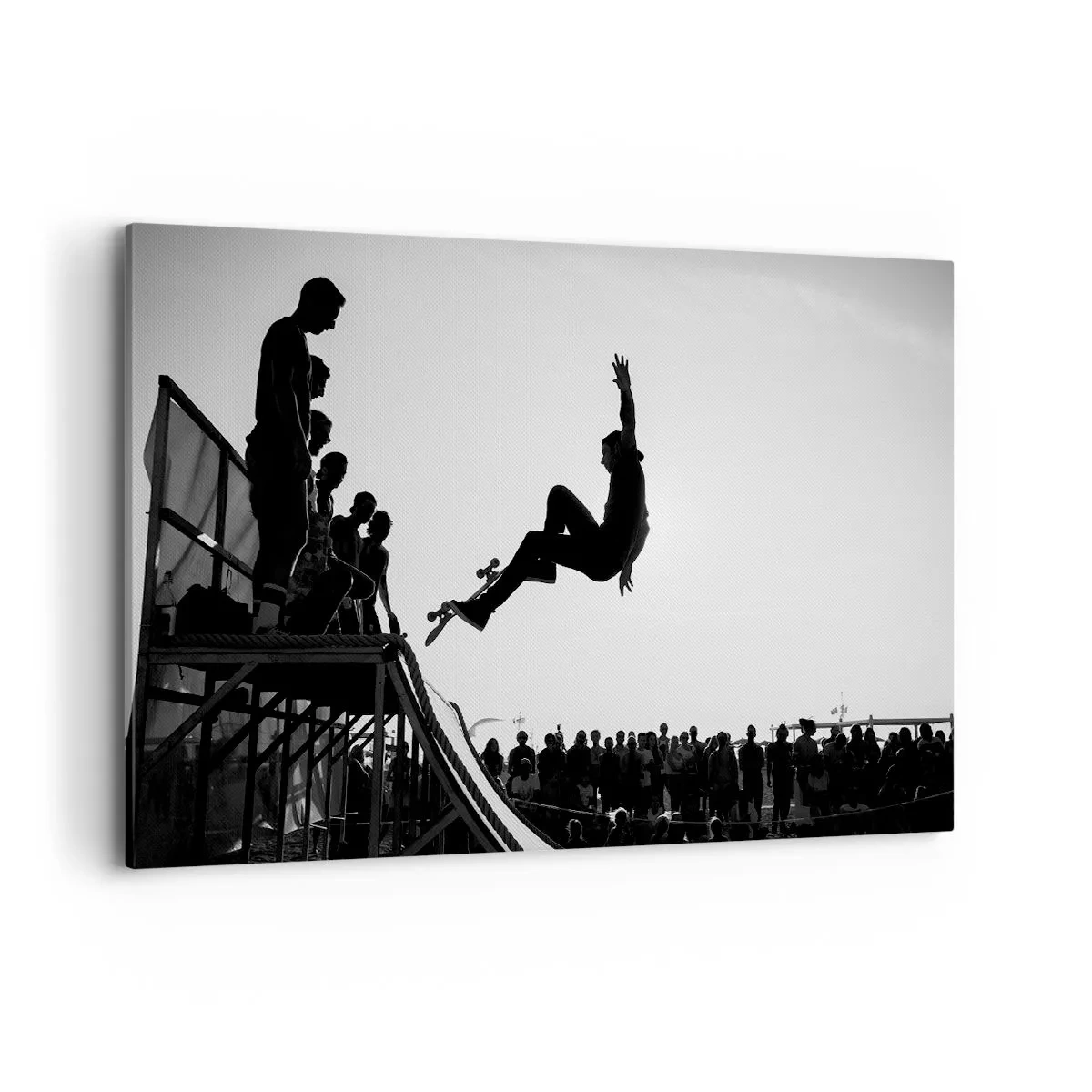 Impression sur toile - Image sur toile - Scène de skateboard en noir et blanc sur une rampe - 120x80cm - Héros et spectateurs - Décoration murale moderne pour le salon et la chambre ARTTOR