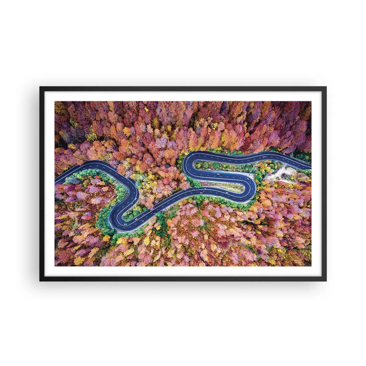 Affiche dans un cadre noir - Poster - Route sinueuse à travers la forêt - 91x61 cm