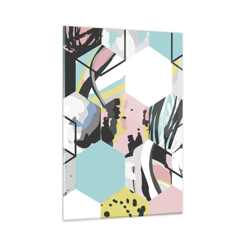 Impression sur verre - Image sur verre - Motif hexagonal géométrique avec des détails abstraits colorés - 80x120cm - Hexagones et cubes en six couleurs - Décoration murale moderne pour le salon et la chambre ARTTOR