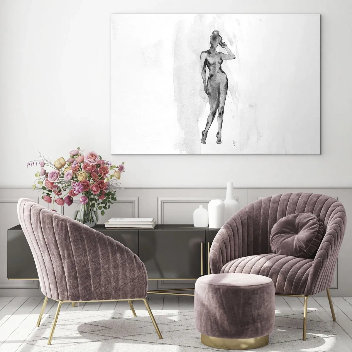 Impression sur verre - Image sur verre - Silhouette d'une femme en nuances de gris sur fond blanc - 120x80cm - Etude de l'idéal de la féminité - Décoration murale moderne pour le salon et la chambre ARTTOR