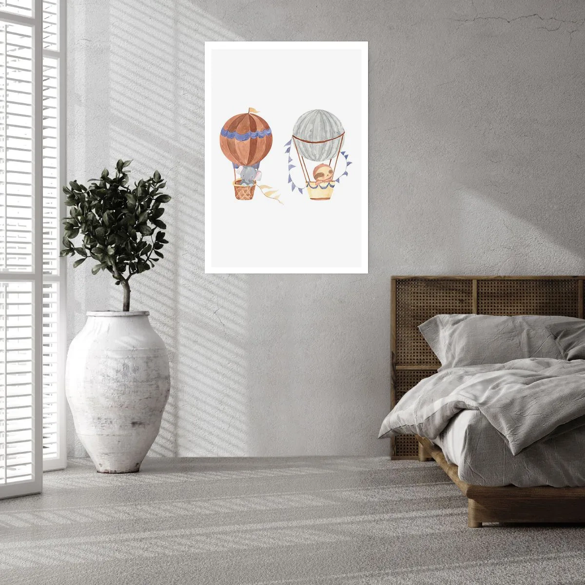 Affiche - Poster - Animaux mignons dans des ballons sur fond blanc dans un style aquarelle - 50x70cm - Compagnons de voyage - Décoration murale moderne pour le salon et la chambre ARTTOR