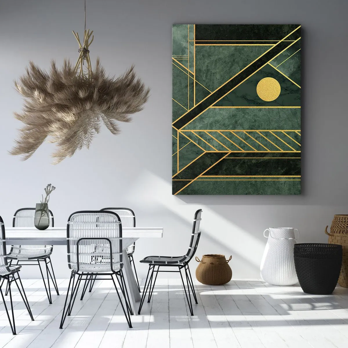 Impression sur toile - Image sur toile - Design géométrique vert et or avec un motif élégant - 50x70cm - Dynamique or et azur - Décoration murale moderne pour le salon et la chambre ARTTOR