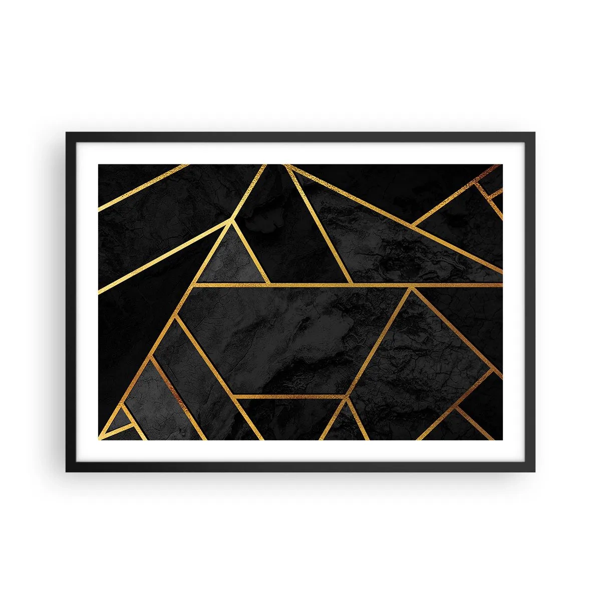 Affiche dans un cadre noir - Poster - Motif géométrique doré sur fond noir - 70x50cm - Obscurité et éclat - Décoration murale moderne pour le salon et la chambre ARTTOR