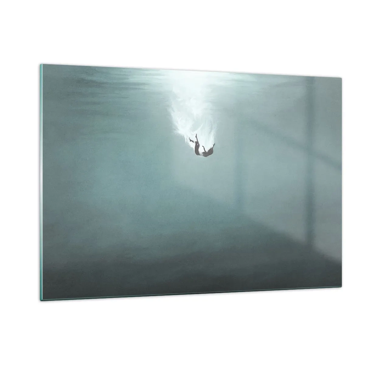 Impression sur verre - Image sur verre - La silhouette d'un homme immergé dans les profondeurs bleues de l'océan - 120x80cm - Dans les bras de l'océan - Décoration murale moderne pour le salon et la chambre ARTTOR